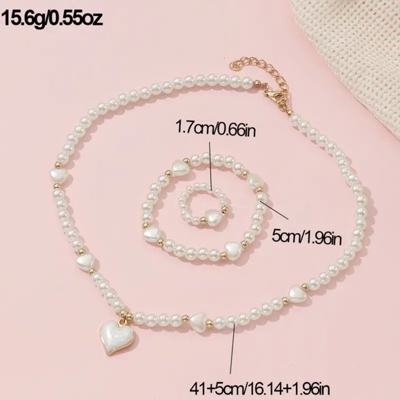 3pcs Heart Necklace Bracelet Ring Set Faux Pearl Jewelry Set - Picture 3 of 4